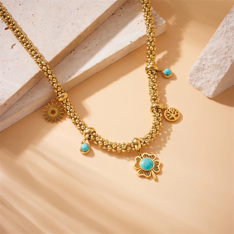 MEYRROYU 316L Stainless Steel Oval Turquoise Necklace For Women Girl 2024 New Trend Golden Flowers Chain Waterproof Jewelry Gift