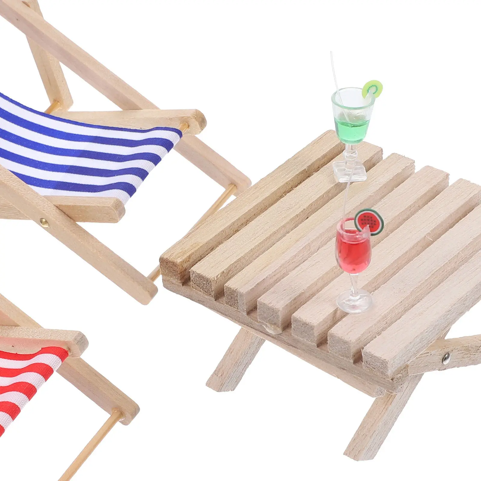 

Набор миниатюрной деревянной мебели для кукольного домика: пляжные стулья, стаканы, столик, аксессуары для декора