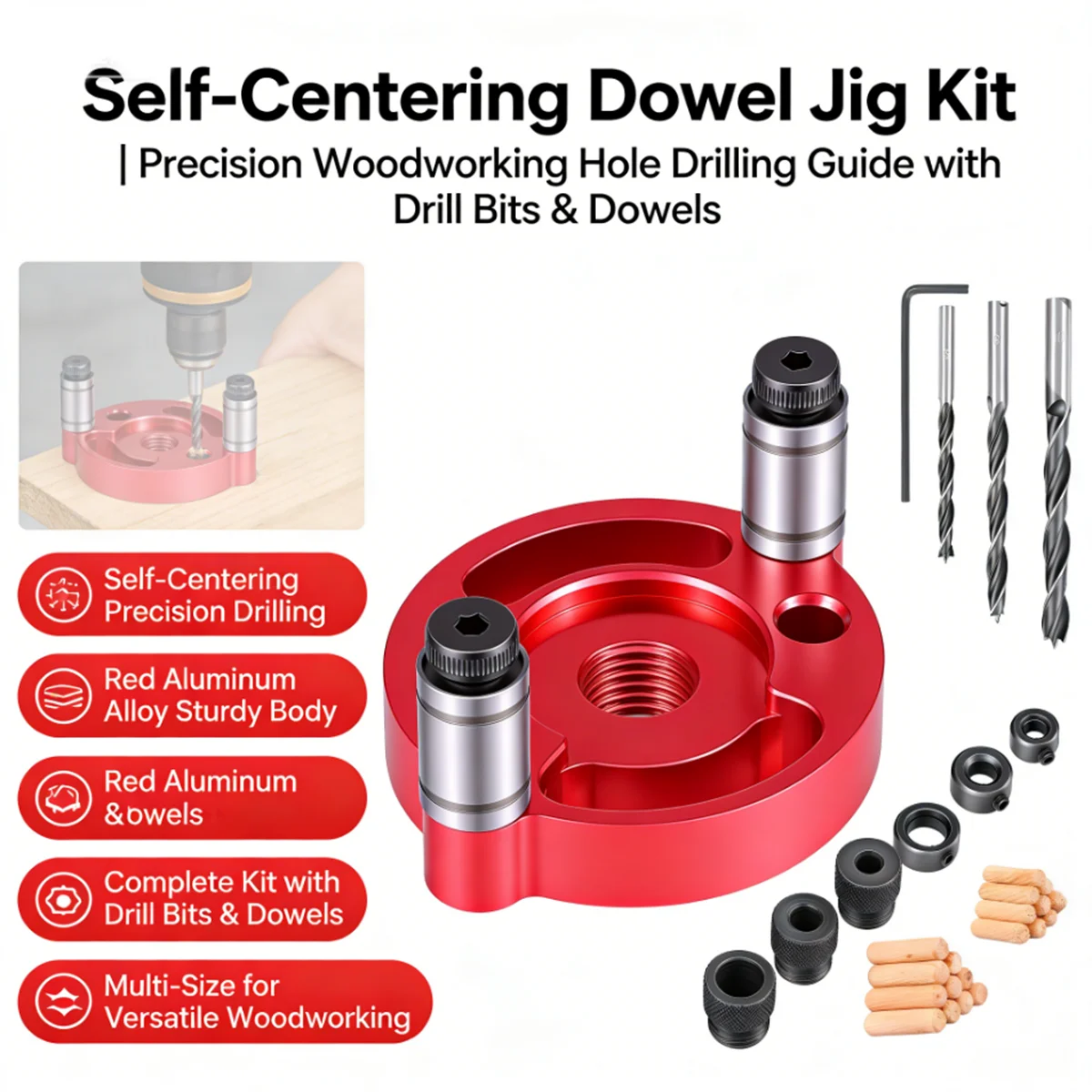 

Self Centering Doweling Jig Self Center Dowel Jig Handheld Drill Guide for Straight Holes Wood Panel Hole Puncher Locator Tool