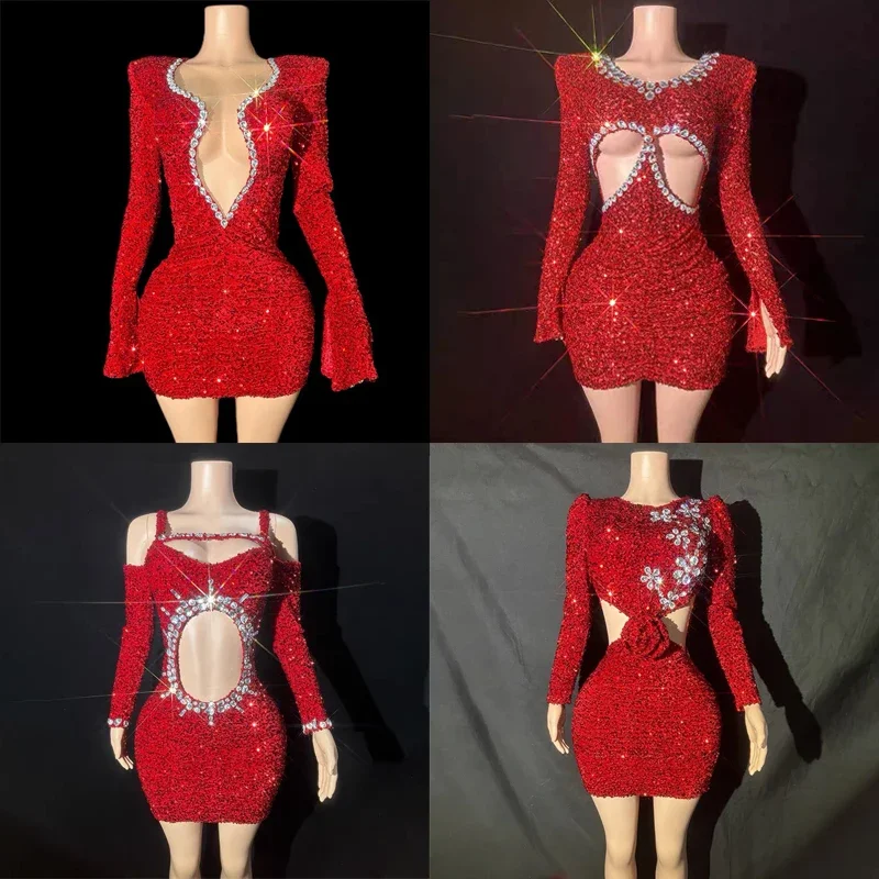 

4 Colors Women Party Birthday Celebrate Costumes Red Sequins Evening Party Dress Bar Dj Ds Stage Jazz Dance Outfits XS8159