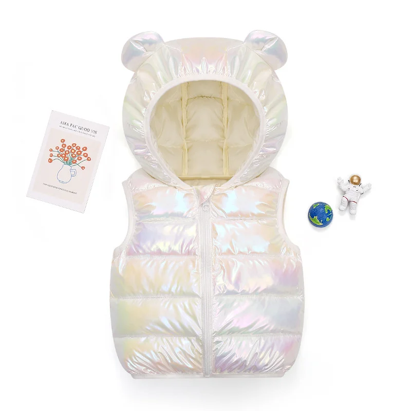 2023 Autumn New Boys Girls Warm Down Vests Baby Shiny Outerwear Vest Kids Clothing Vest Jackets Children Hooded Cotton Waistcoat