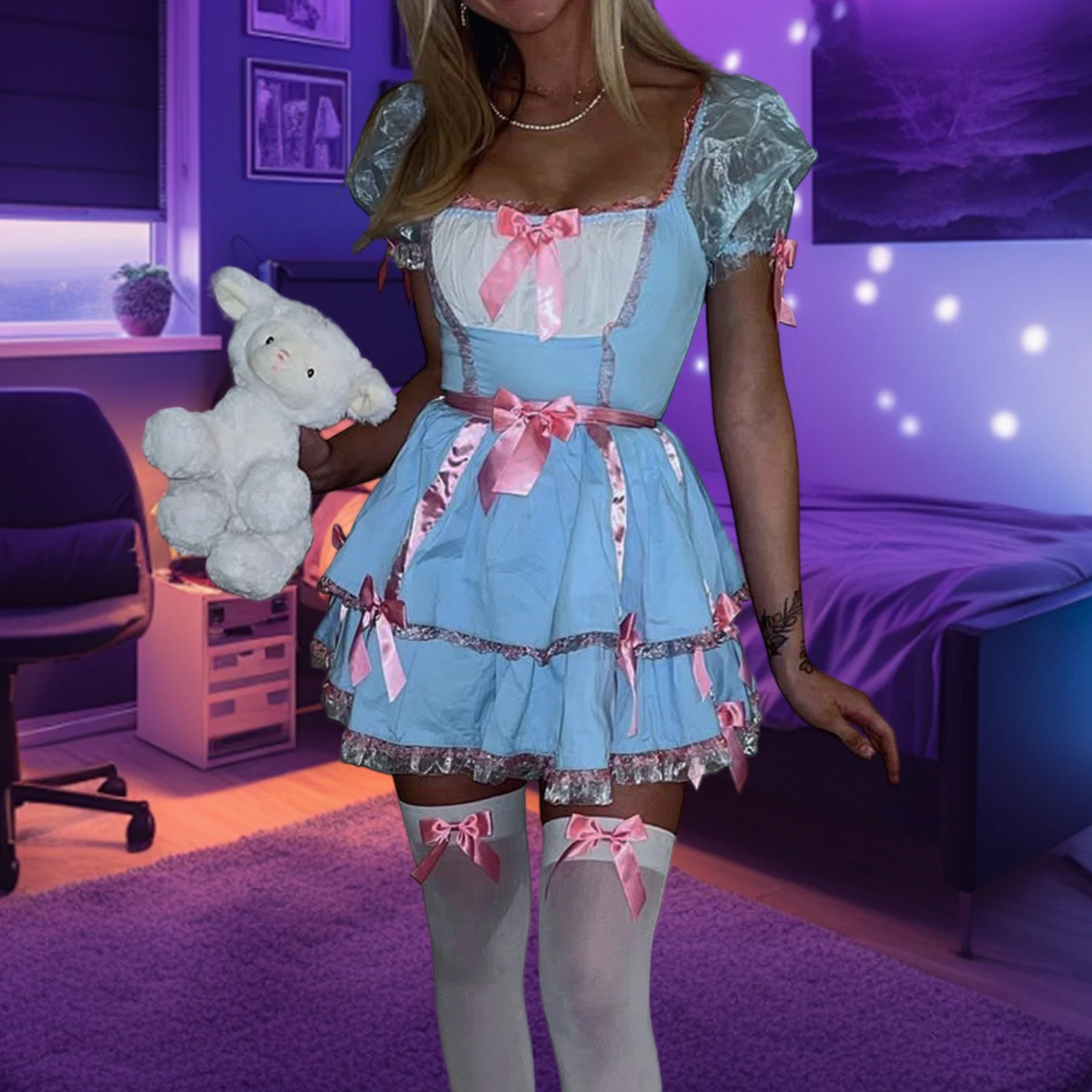 فستان تنكري نسائي للهالوين مزخرف بفيونكة على شكل حرف A وأكمام قصيرة فستان تنكري وربطة عنق وياقة عنق مكونة من قطعتين