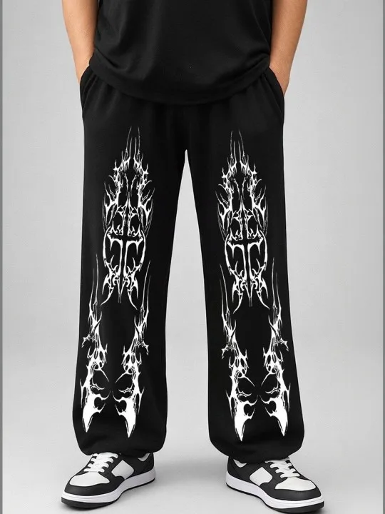 Men Gothic Thorn Flame Graphic Casual Pants, Dark Streetwear Fashion, Suitable for Themed Escape Rooms & Night Social Gatherings