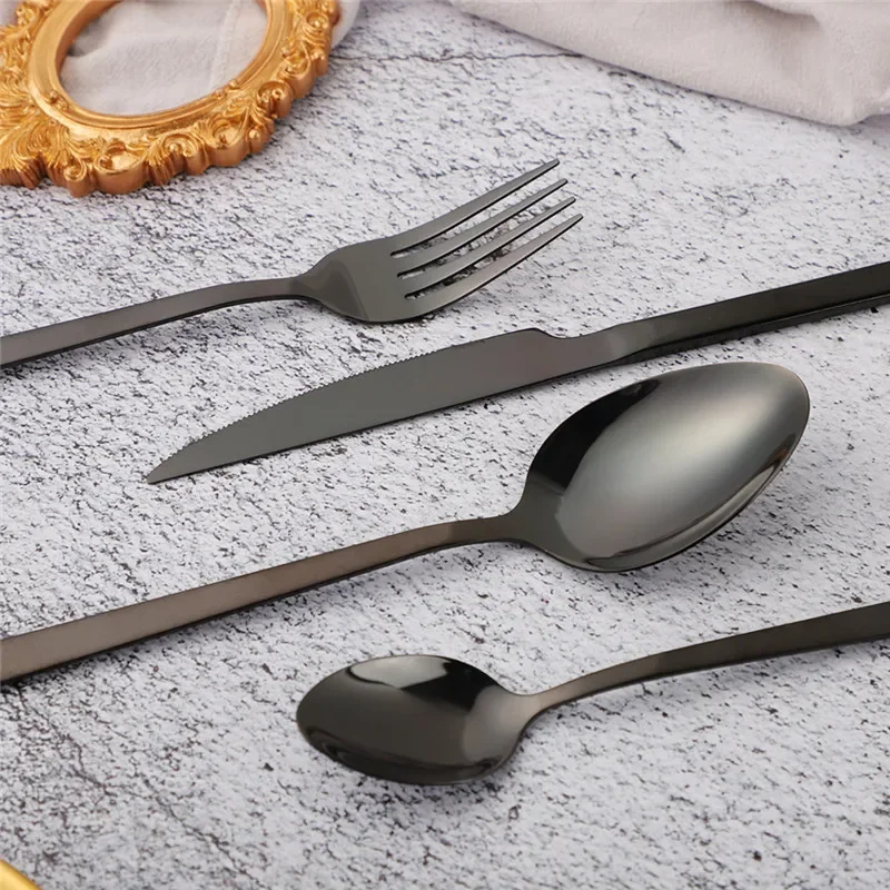 

Set Kitchen Wedding 24pcs Black Steel Cutlery Spoons Dinnerware Forks Stainless Luxury Tableware Mirror Knives