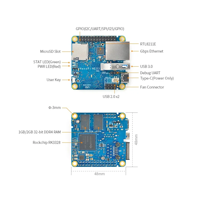 NanoPi Neo3 LTS 1G/2G 32Bit DDR4 RAM Rockchip RK3328 Quad Cortex-A53 Up to 1.3GHz,1GB Ethernet,USB3.0 OpenWRT,Ubuntu,Multi,Lunix