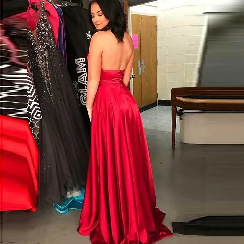 Robe de Soirée Trapèze Sexy en Satin, Tenue de Bal, de Cocktail, Col Licou, Fendue sur le Côté