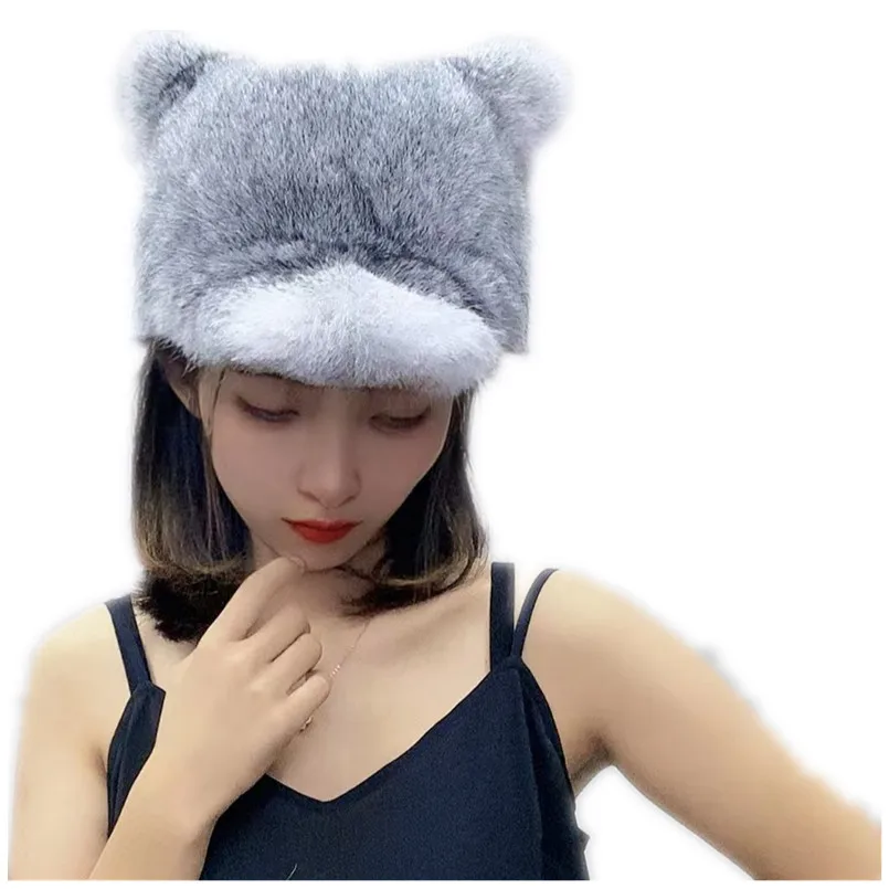 Women Winter Real Rabbit Fur Hat Full Pelt Warm Thick Beanie with Ear Cute Adjustable Headwear