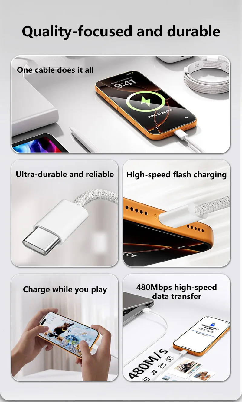 5 Stück USB-A-Kabel zu USB-C 240W Schnellladekabel unterstützt Schnellladung für iPhone 17 16 15 Samsung Huawei Xiaomi usw. – Detail 2