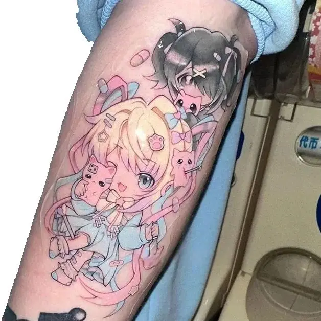 Cartoon Temporary Tattoos Anime Two Cute Girls Durable Lifelike Waterproof Fake Tattoo Sticker Body Art Transfer Tattoo