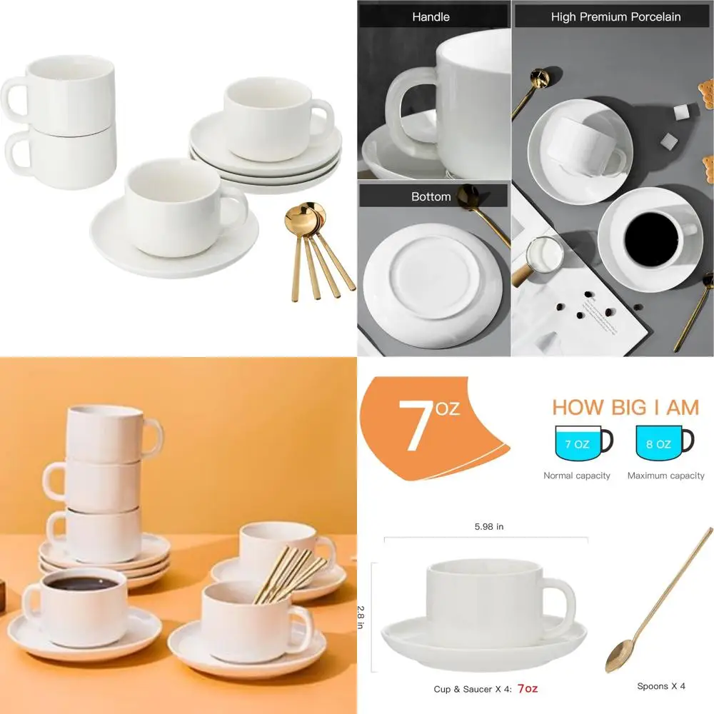 

porcelain coffee cups and saucers set of 4 with gold spoon 220 ml/ 7 ounce, ceramic white cup for tea cappuccino espresso