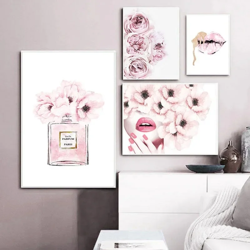 Eyelash Lips Makeup Pink Flower Perfume Fashion Posters and Prints Wall Art Canvas Painting Wall Pictures for Living Room Decor