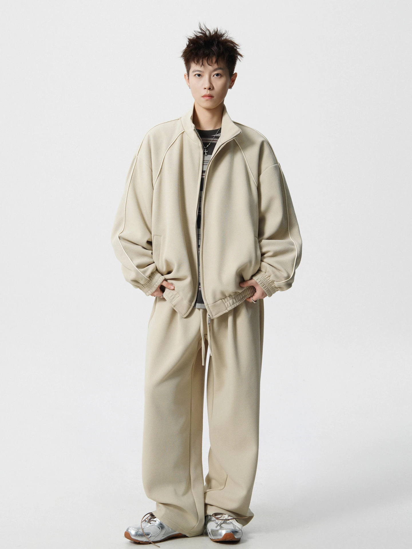 Loose ex Sportswear Set with American Splicing Texture Long Sve Sweatirt And Pants for Couple Autumn Casual Outfit