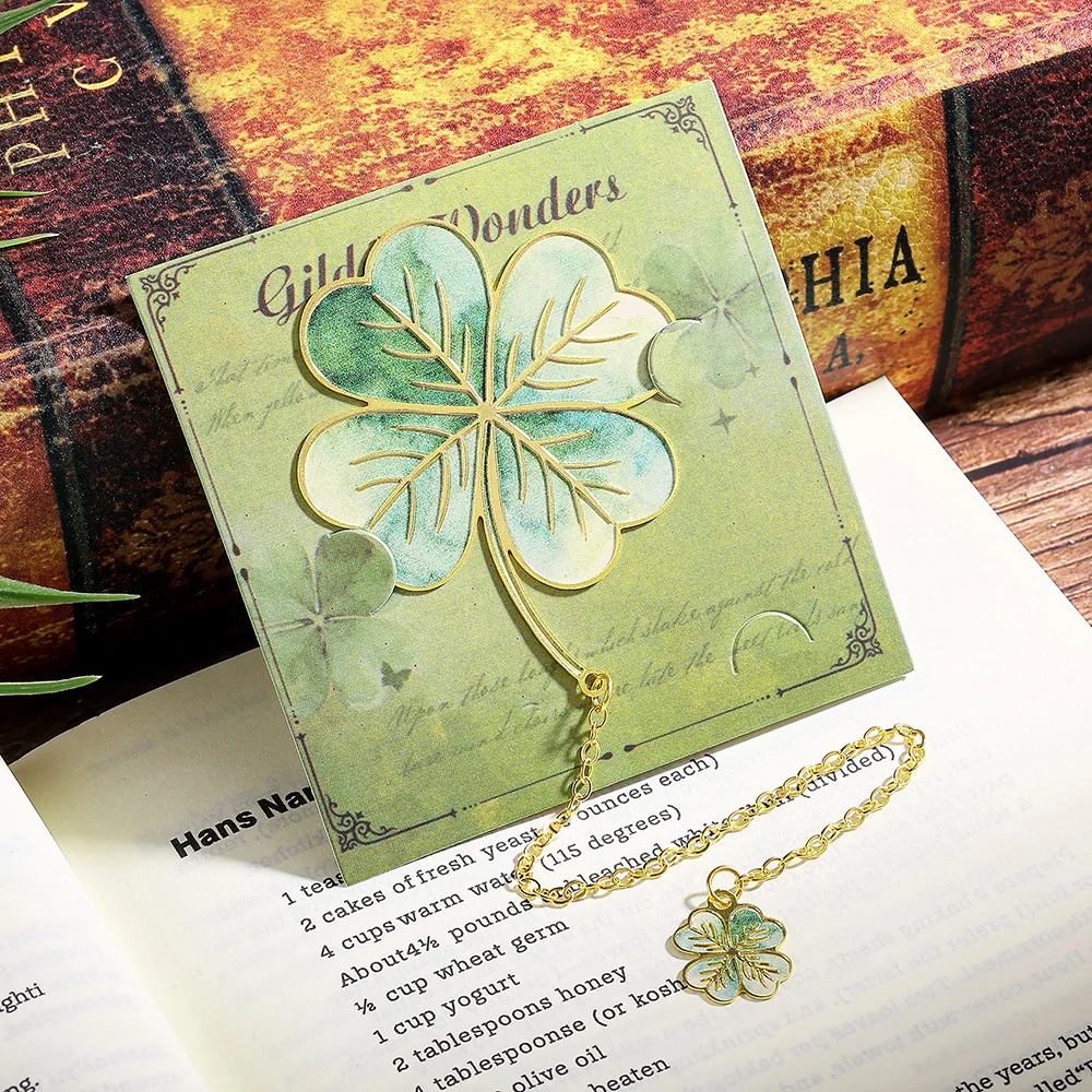 Aesthetic Iron Enamel Bookmark Hollow Feather Clover Page Marker with Chain Card Packaging for Book Lovers view 3