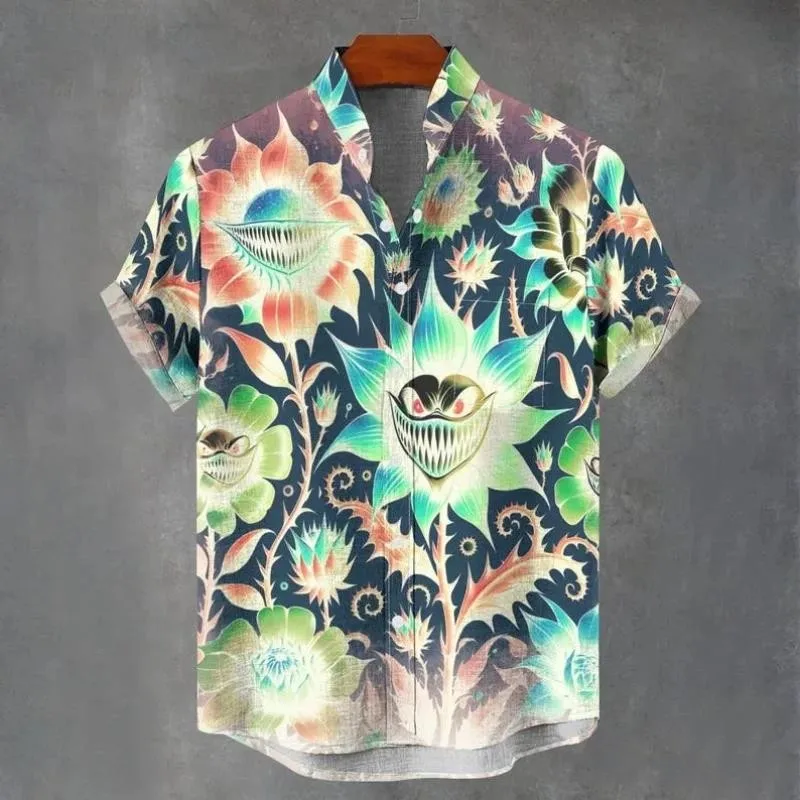 

2025 men's Summer New Man Eating Flower Skull Pattern Casual Linen Short Sleeved Shirt men's Button Up Top