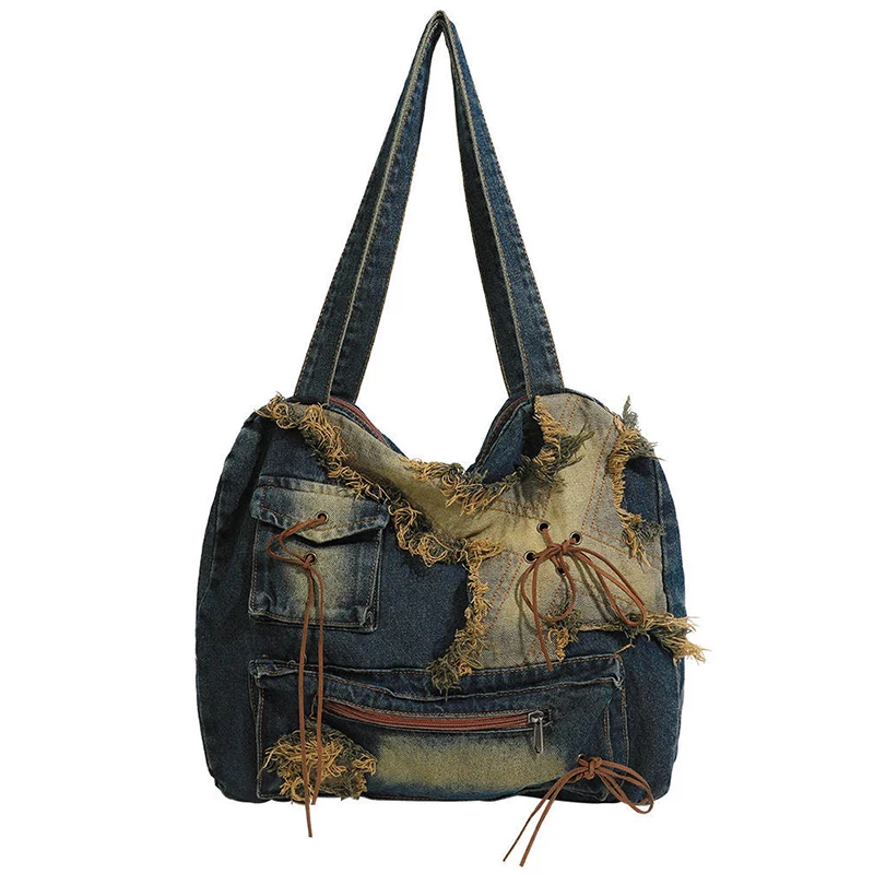 New Style Large Capacity Tote Bag Vintage Shoulder Bag Washed Denim Bag Daily Casual Bags