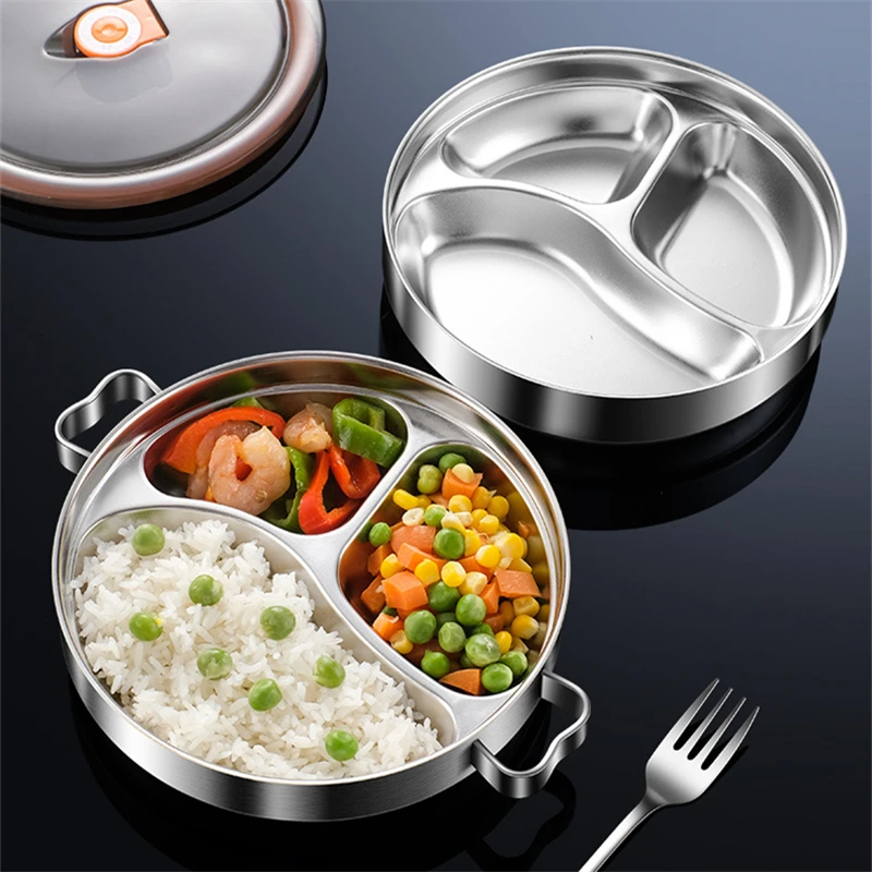 

304 Stainless Steel Divided Dinner Tray with Lid Lunch Box Container Food Plate for School Canteen 3 Grids Bento Tray Tableware