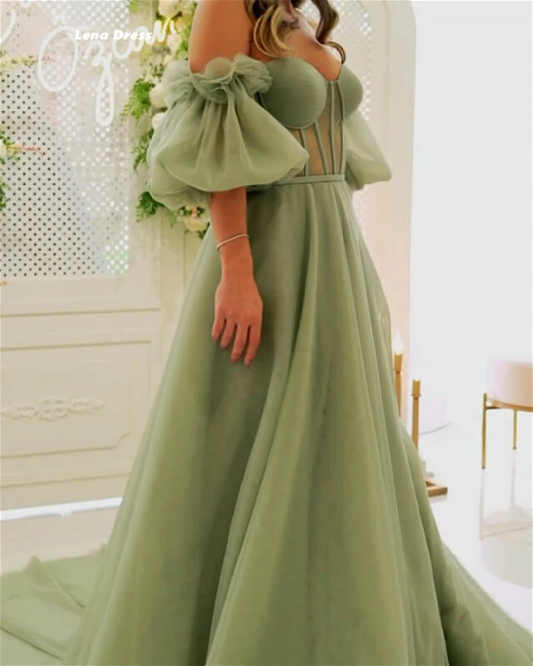 Lena Custom Made Evening Dresses for Special Occasions Puff Sleeves Elegant Party Dresses Woman Gauze Wedding Party Dress Line A