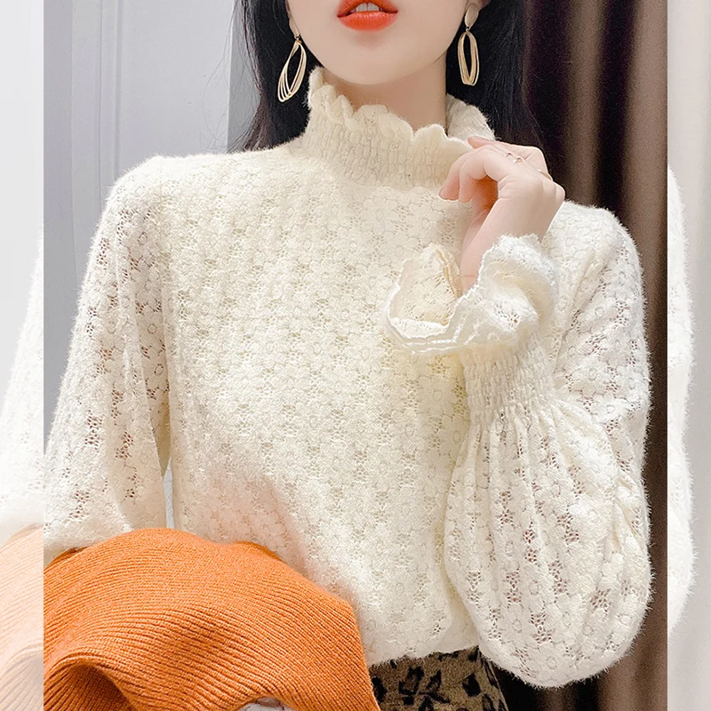 

Women's High Collar Lace Base irt with Bell Sves Warm Faionable Inner Wear Top Korean Sle Long Sve Loose Fit