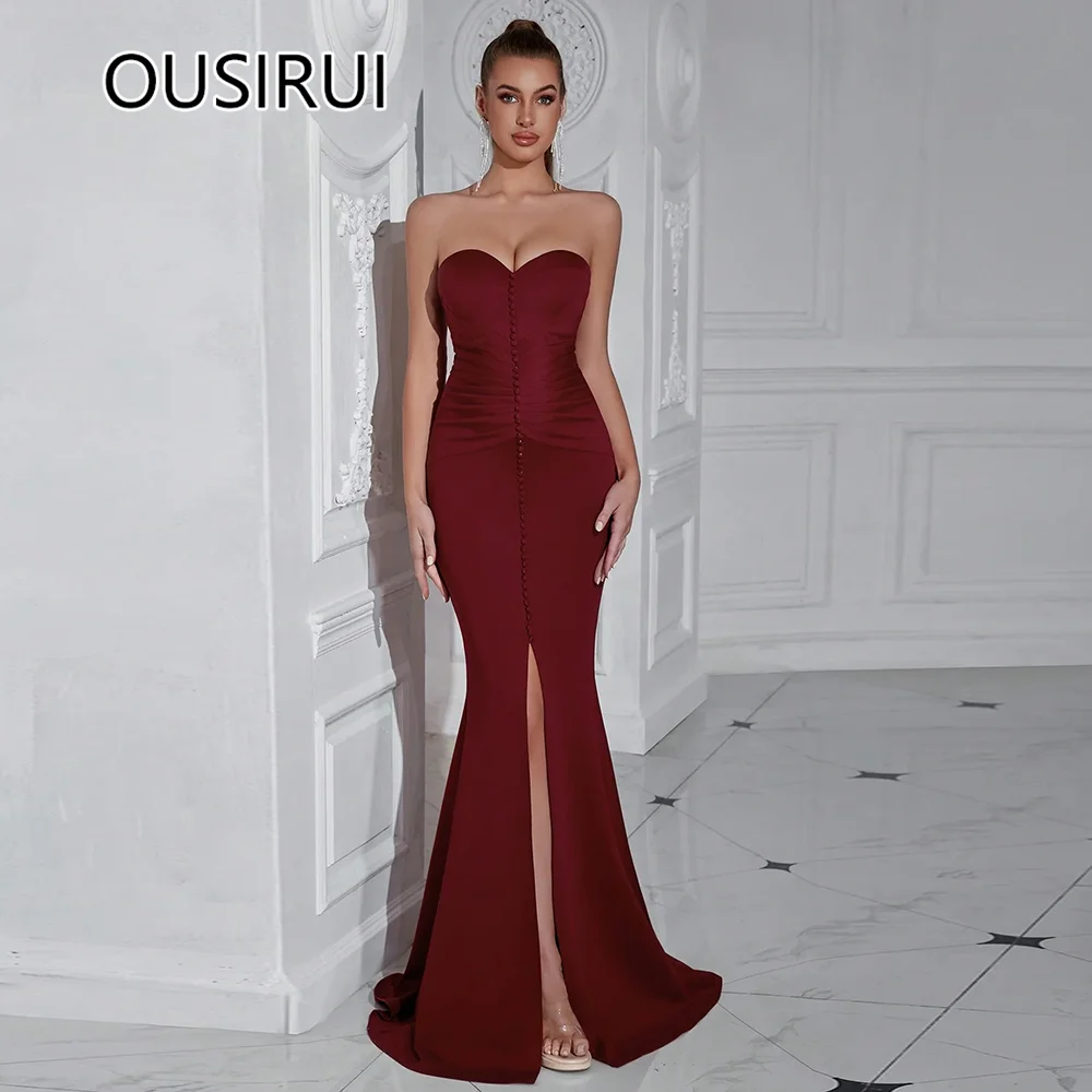 Modest Sweetheart Collar Satin Button Formal Evening Bridal Dress Sexy Mermaid Front Split Court Party Evening Gown Custom Made