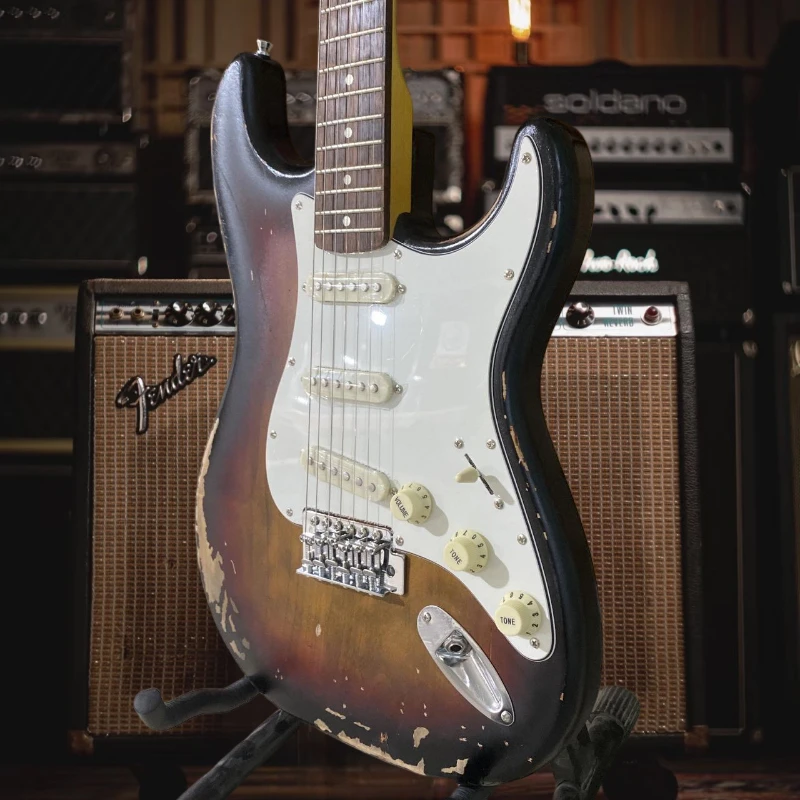 E-Gitarre, kostenlose Lieferung, brauner Vintage STS 6-saitiger Korpus aus Erlenholz, Palisanderhals