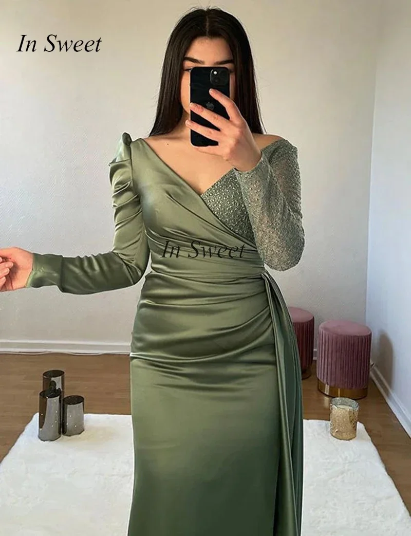 Customized Ball Elegant V-neck Long Sleeves Evening Dresses Mermaid Prom Gown Army Green S Arabic Party Dress Robe De Soiree