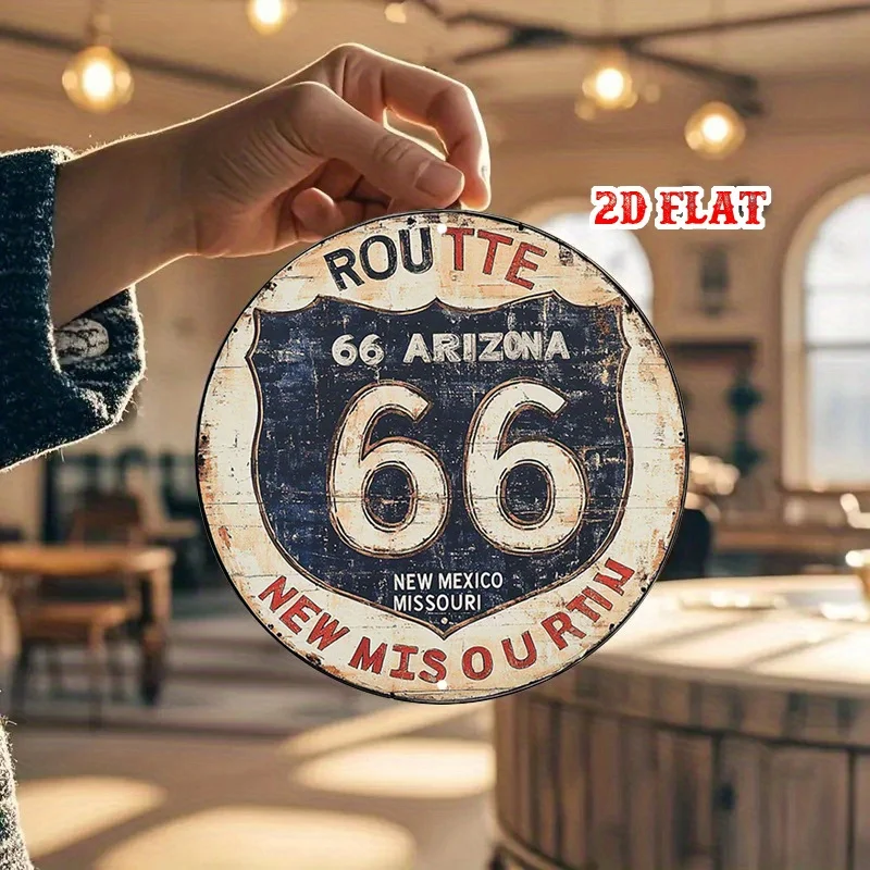 قطعة واحدة من لوحات فنية جدارية معدنية على الطريق العتيق 66 - لافتة ألومنيوم مستديرة مع قاعدة سوداء وتصميم درع أبيض، مظهر ريفي متماثل في الداخل