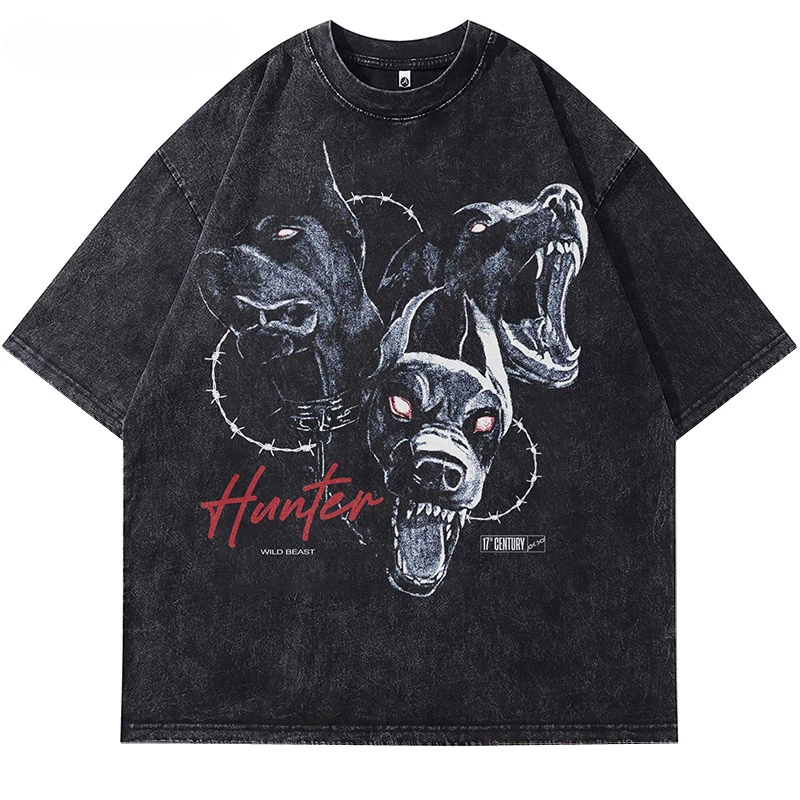 Hip Hop Black T-Shirt Doberman Beast Dog Graphic Print Washed Streetwear Men Harajuku Punk Gothic Shirts Tops Tee