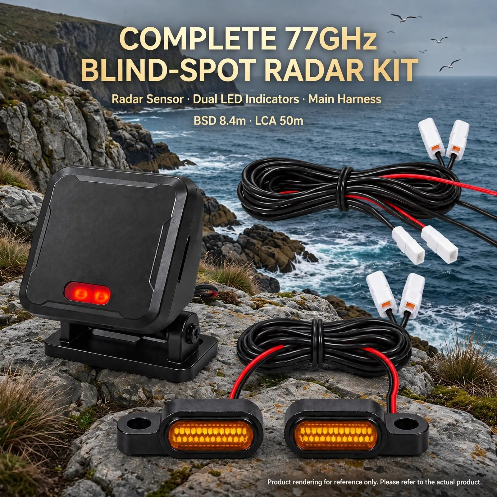 77GHz Blind Spot Radar for Motorcycles – Dual LED Warning Indicators, Rear Detection Up to 70m, BSD 8.4m / LCA 50m (TTC≤5s), IP6