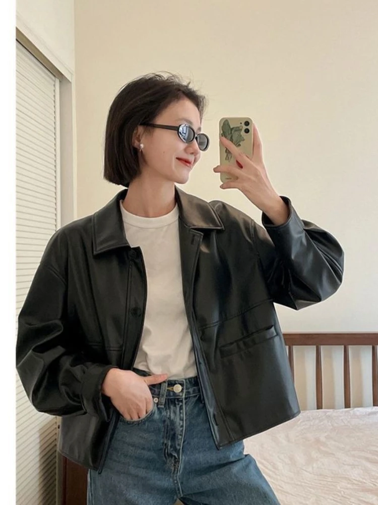 Black Casual PU Leather Jacket Women Fashion High Street Leather Jacket Female Korean-style Retro Motorcycle Coat 2025 Autumn