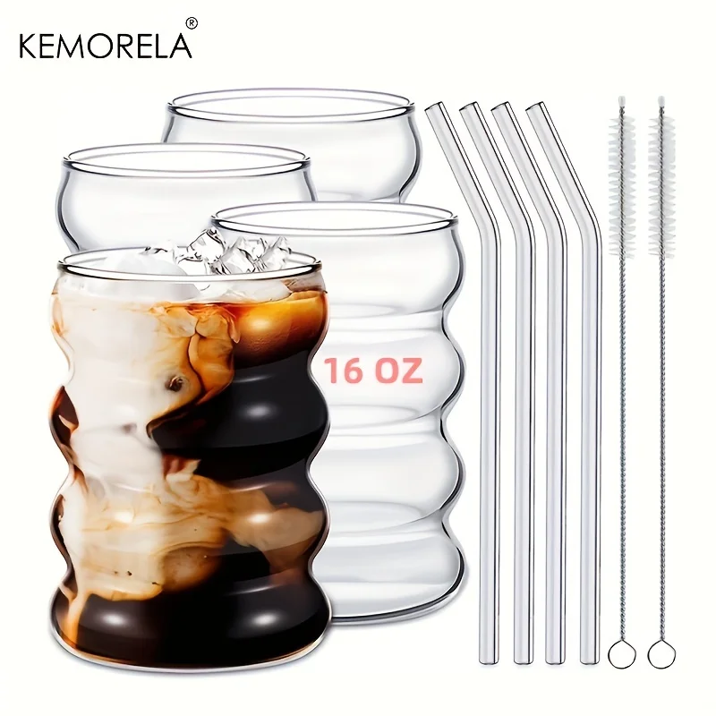 16OZ Drinking Glasses With Glass Straw 4pcs Set 350ML/470ML Shaped Glass Cups Beer Glasses Iced Coffee Tumbler Cup