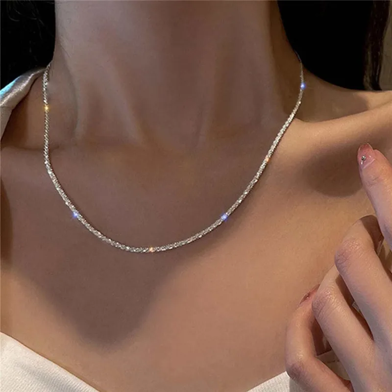 Authentic S925 Sterling Silver Necklace 2mm Sparkling Collarbone, Sweater Chain, High Charm Jewelry Gift Women