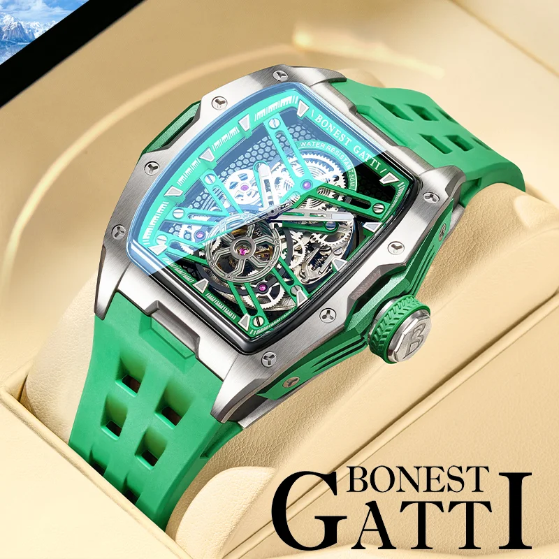 

Высококачественные автоматические механические мужские часы Tonneau Tourbillon Green, стальные светящиеся часы 316