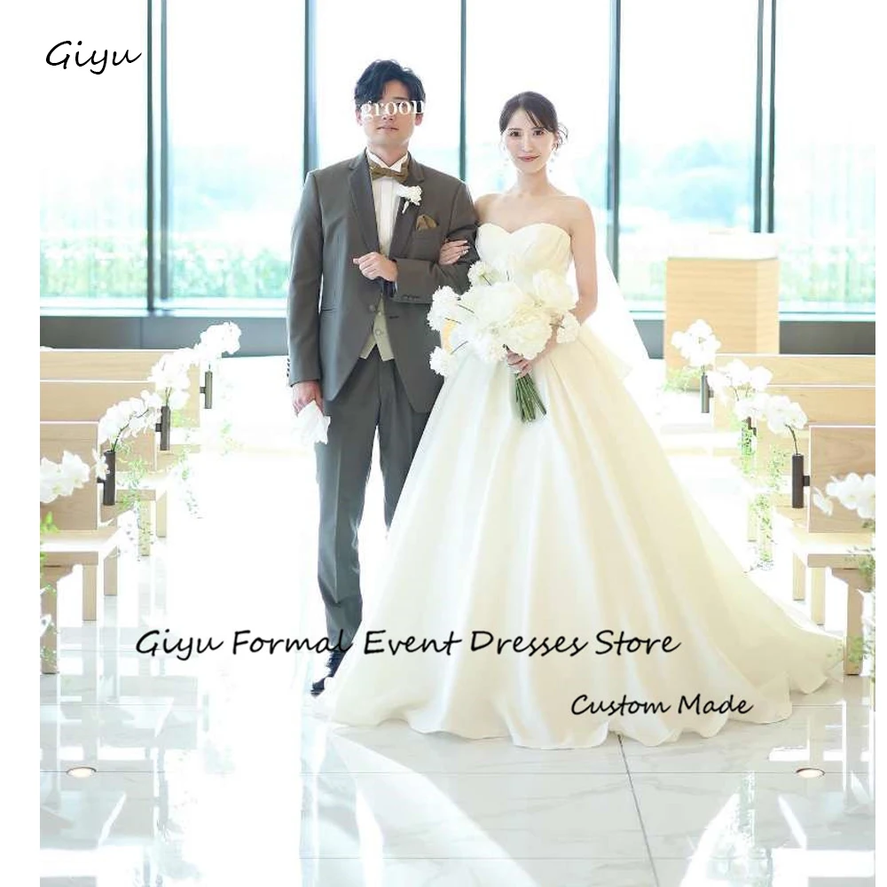 

Giyu Simple A Line Satin Soft Wedding Dresses Korea Photoshoot Sweetheart Sweep Train Bridal Gowns Custom Made Veil Free