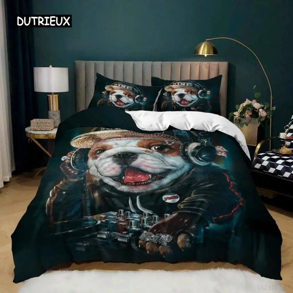 Dog Duvet Cover Set DJ Puppy Bedding Set Soft Cute Dog Pattern Comforter Cover Microfiber Double Queen King Size Quilt Cover