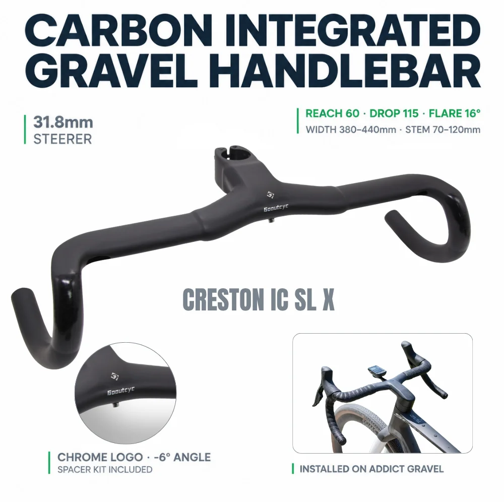 Toray T1000 Carbon Integrierter Rennradlenker mit Vorbau Gooutcyc, CRESTON IC SL X, interne Kabelführung, Reach 60 Drop 115 Flare 16 °