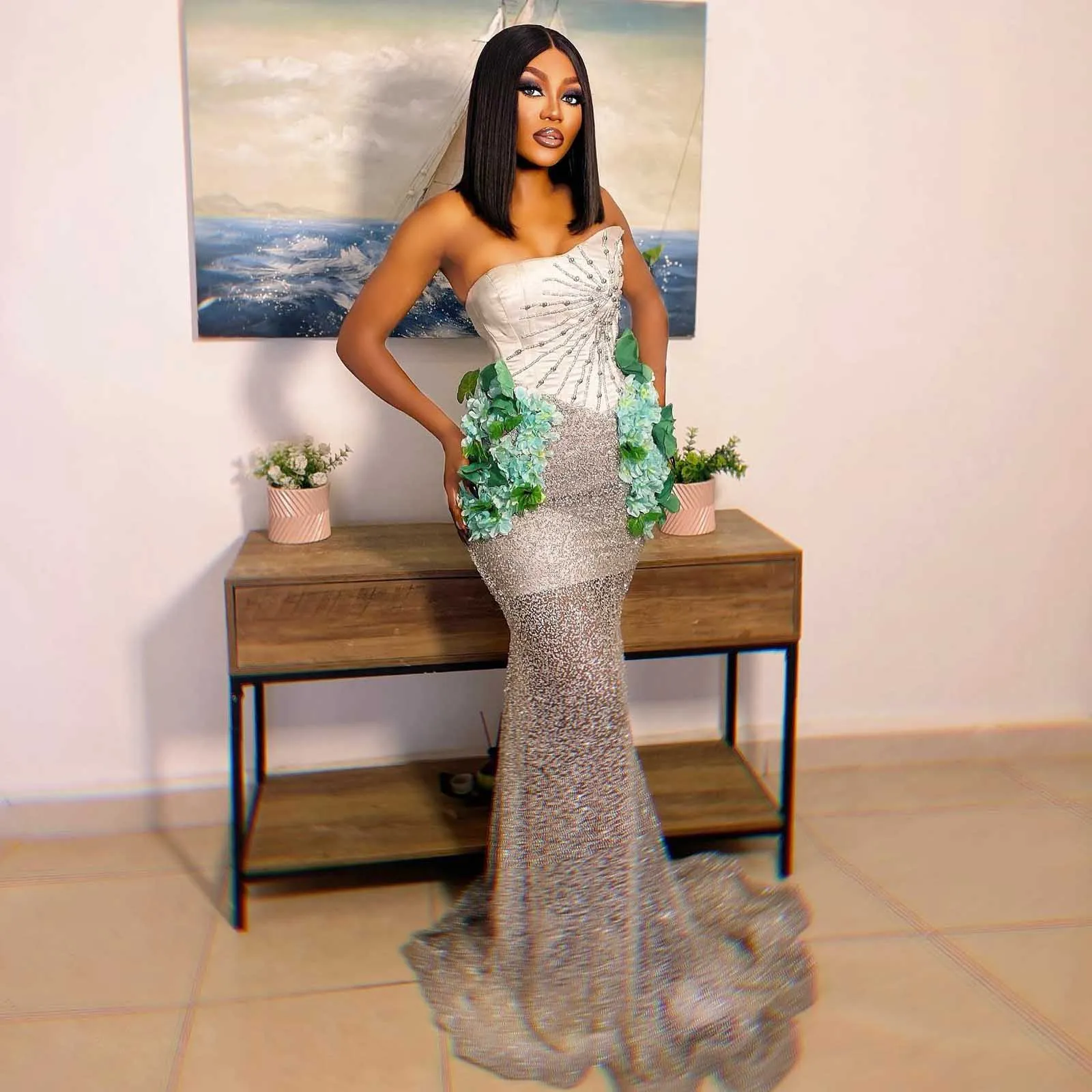 

Блестящее платье для торжественных случаев Aso Ebi, африканское серебряное платье с бисером, зеленое платье для выпускного вечера с цветочным принтом, платье для дня рождения, свадьбы, вечеринки Asoebi