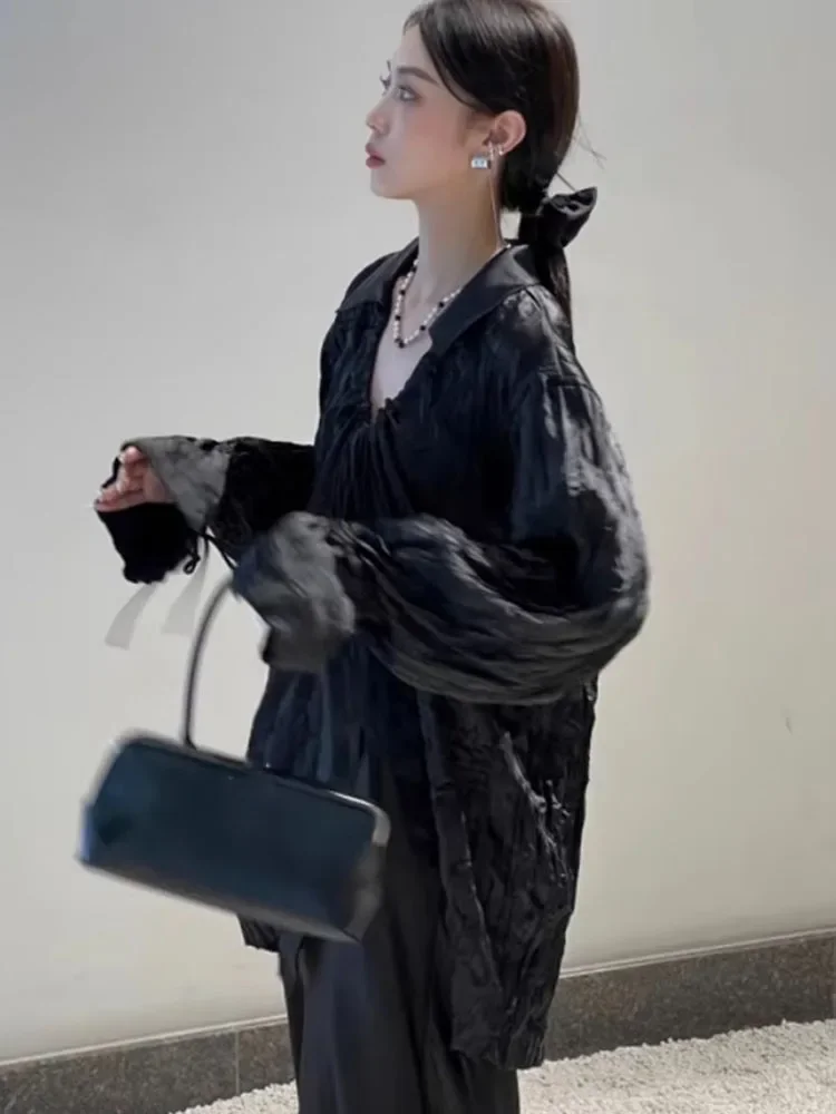 Y2k Ästhetische Vintage Damen Bluse Harajuku Einreiher ​ Grunge-Oberteile mit Kordelzug, 2025, Streetwear, plissiert, lässig, locker, Blusas