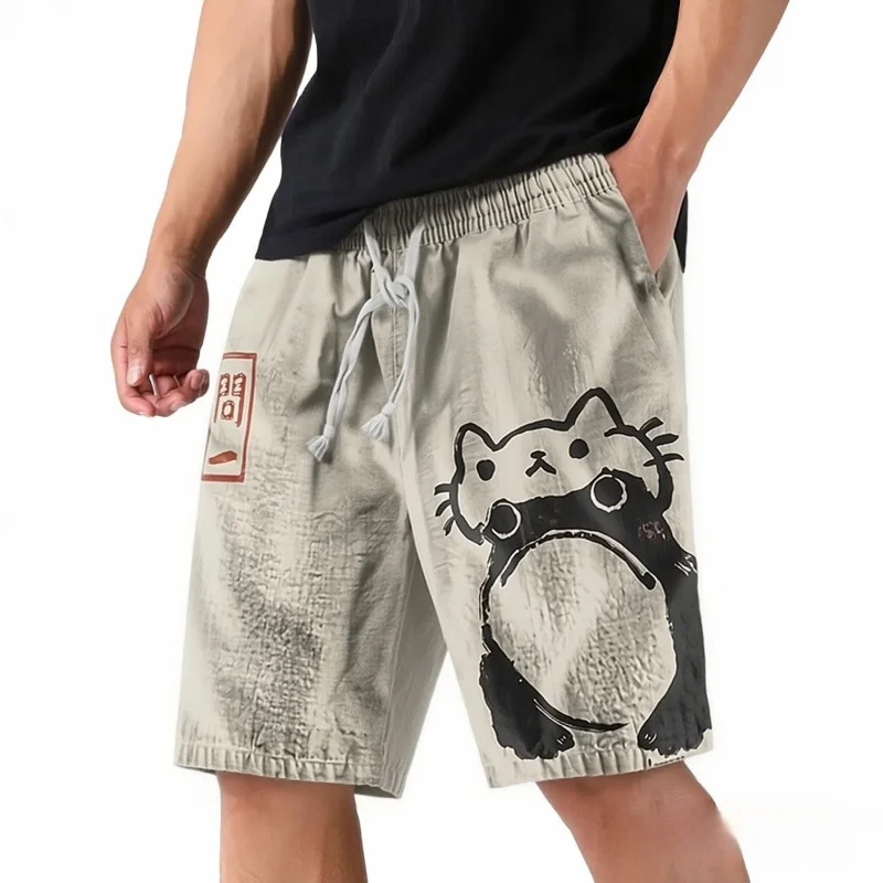 

Men's Japanese Art Frog Cat Print Casual Shorts Ukiyo-e Style Male Chic Pants Elastic Waist Summer Board Short Pant Bottoms