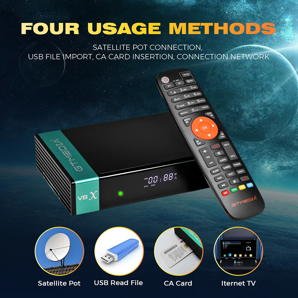 جهاز استقبال قمر صناعي GTMEDIA V8X DVB-S/S2/S2X، VCM/ACM/متعدد الأشواط يدعم BISS لفة تلقائية مدمجة 2.4G WIFI 1080P HD Mars v8x