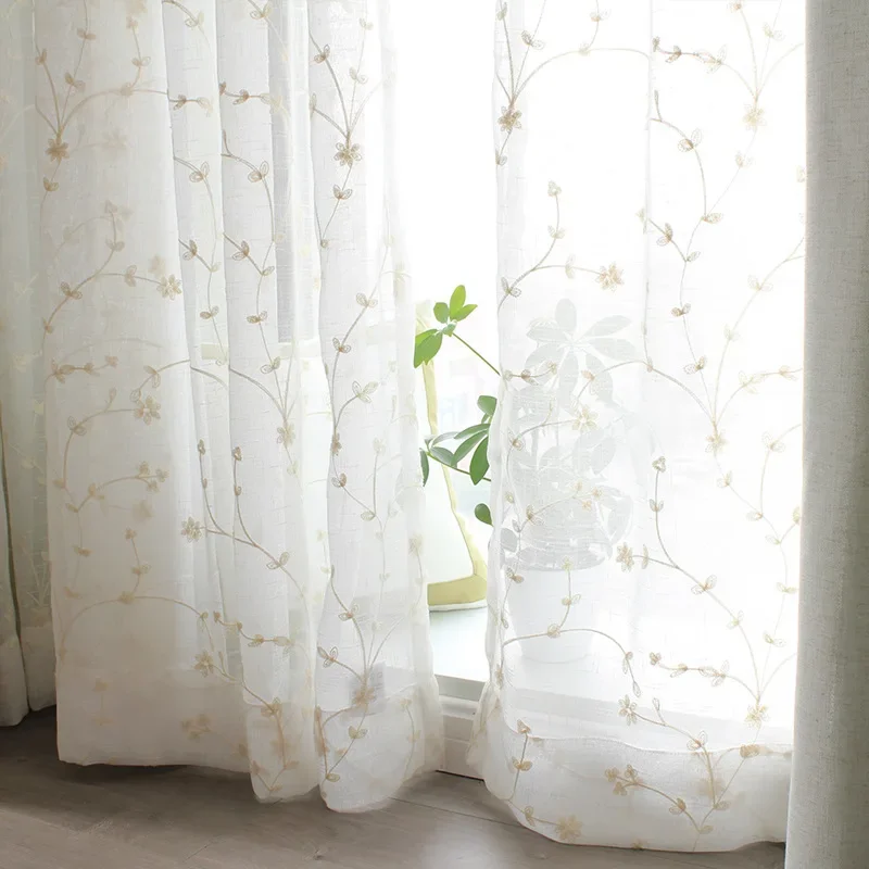 French White Lace Curtain Voile Window Treatments for Living Room Bedroom Door Curtains Floral Tulle Drapes Balcony Screen