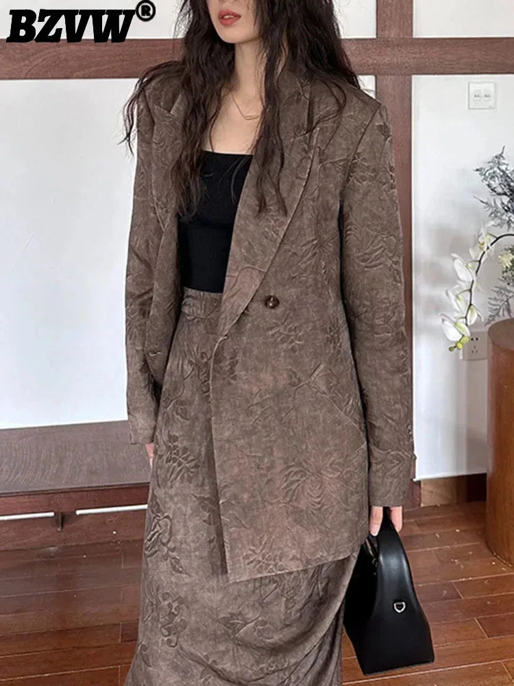 

BZVW Chinese Style Jacquar Blazer For Women Notched Single Button Irregular Design Trend Coat 2024 Autumn New Clothing 25X3908