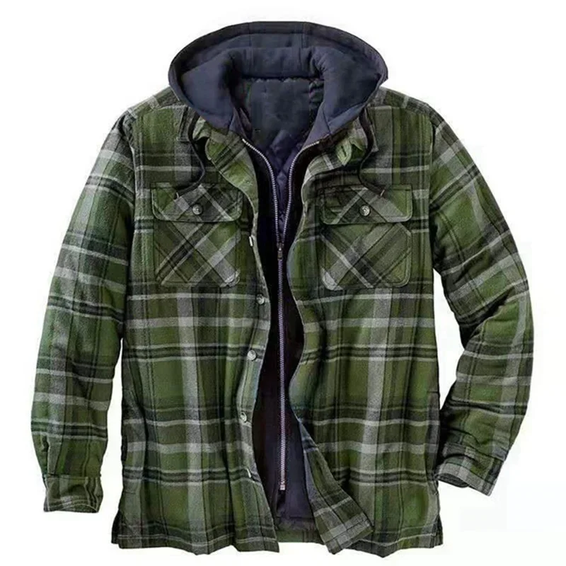 Men Parkas Hooded Shirt Coat Full Sleeve Zipper Coats Casual Plaid Print Outerwear Splice Open Stitch Autumn Winter 2024