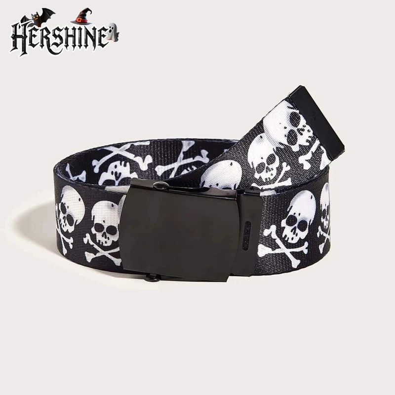 HERSHINE 1 قطعة حزام شريطي مطبوع على شكل جمجمة الهالوين نمط محايد للجنسين Y2K نمط داكن إكسسوارات الهالوين على طراز فاسق