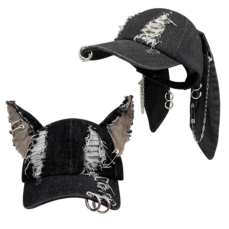 

Y2k Iron Ring Long Ears Hats Women Dark Punk Doberman Pinscher Baseball Cap Grunge Aesthetic Hat Trucker Hat