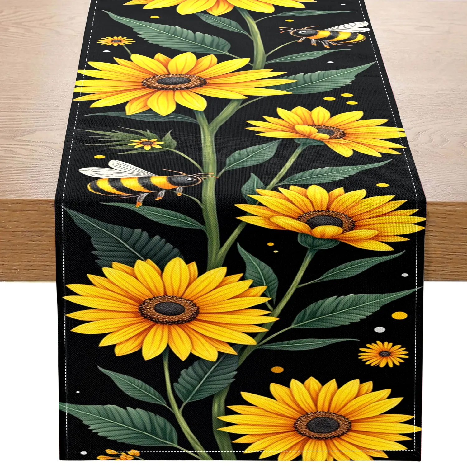 1 Piece of Sunflower and Bee Themed Table Runner, Decorated with Sunflowers, Bees, and Green Leaves, Suitable for Pastoral Style Decoration, Children's Room