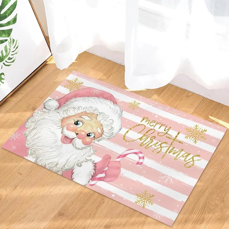 VIKAMA Pink Christmas Doormat Checkered Tree Snowflake Print Non‑Slip Absorbent Floor Mat For Entryway Bedroom Home Decor