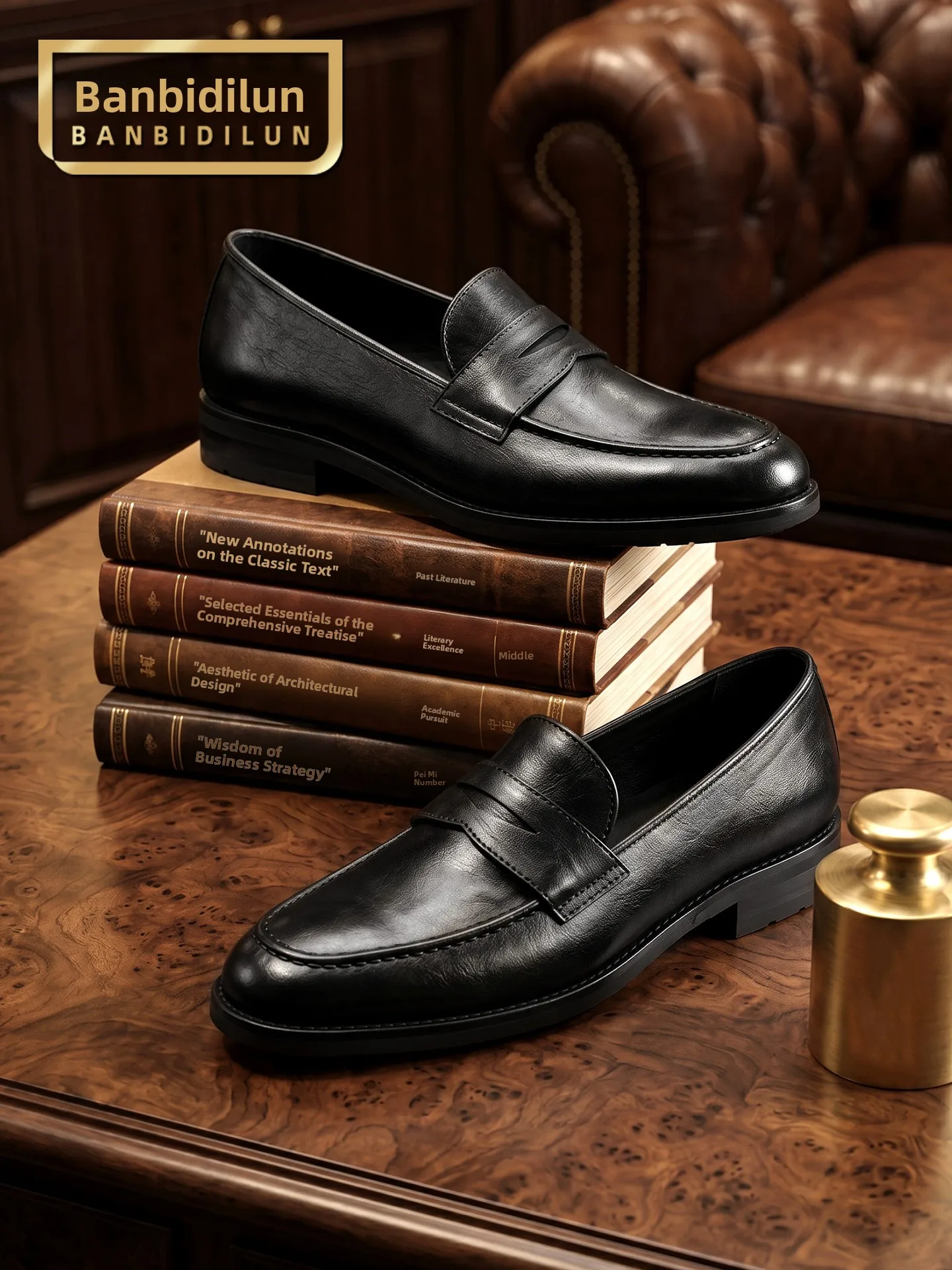 

Handmade Leather Slip-On Shoes Casual Business Leisure Men's Shoes Breathable round Toe Flat Heel Rubber Outsole Pure Color
