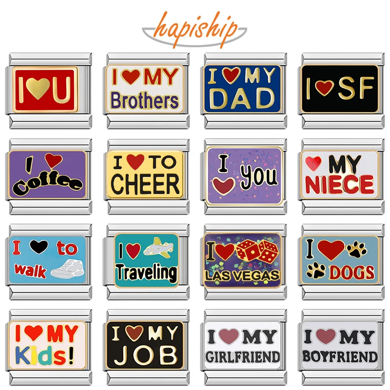 Hapiship 2024 Women\'s I Love Dad Mum You Dog Italian Charms Links Beads Fit 9mm Stainless Steel Bracelet DIYJewelry Gift ZH024