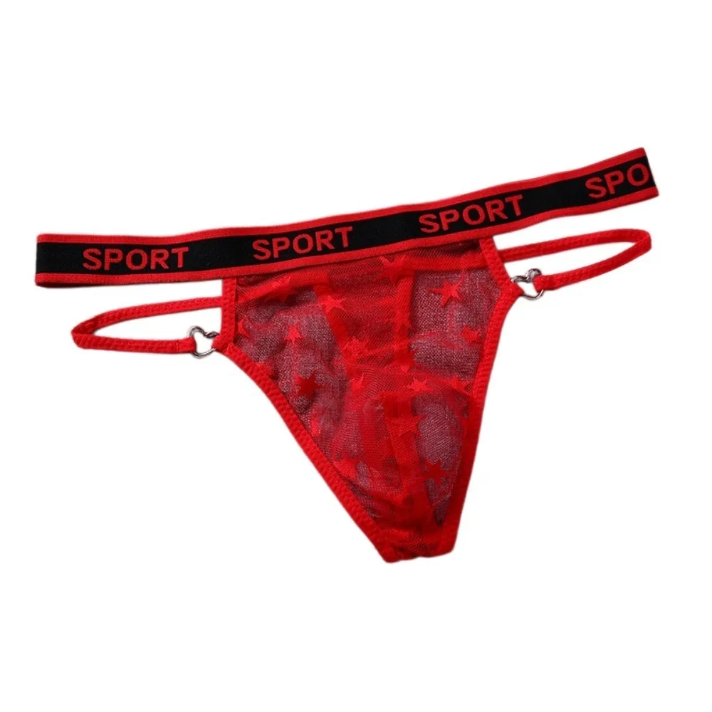 Low Waist Men's Mesh Hollow Thong English Letter Star Hollow Out Mesh Sheer Panties Underwear Bulge Pouch T-back Briefs Men