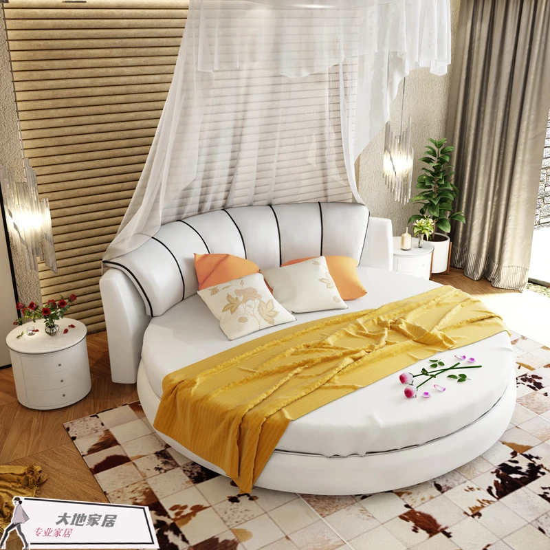 European style round bed, double person genuine leather, modern and minimalist size, hotel, round princess themed ho